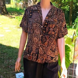 Koret Brown & Black Tribal Short Sleeve Button up Blouse